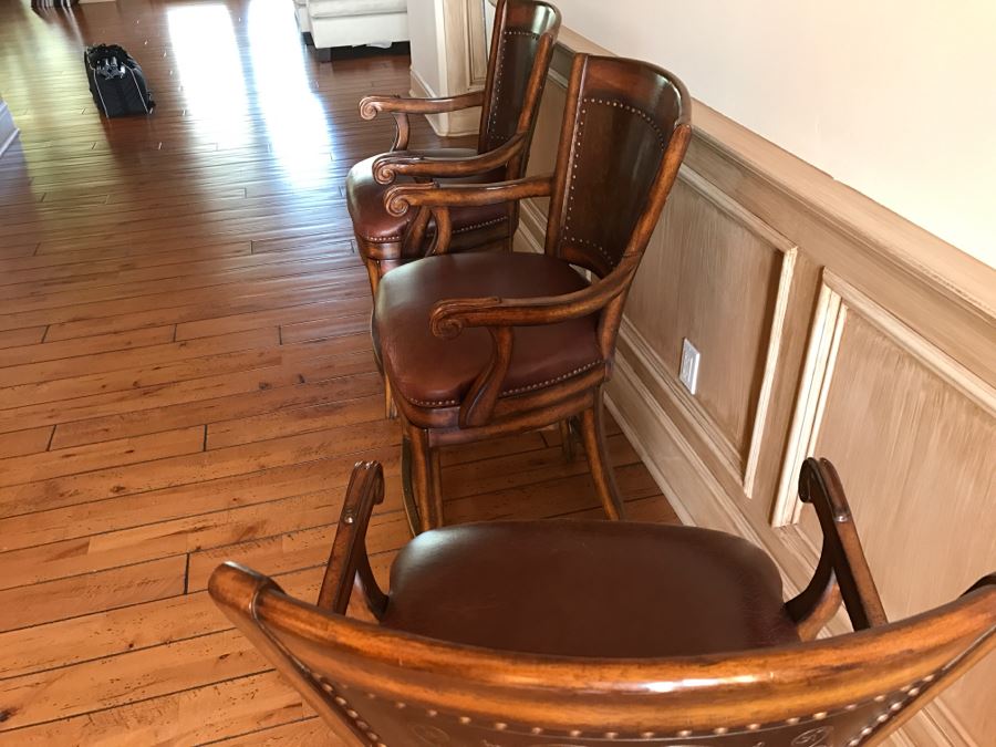 Set Of 3 Wooden Swivel Barstools With Brass Nails And Ornamental Metal Work [Photo 17]