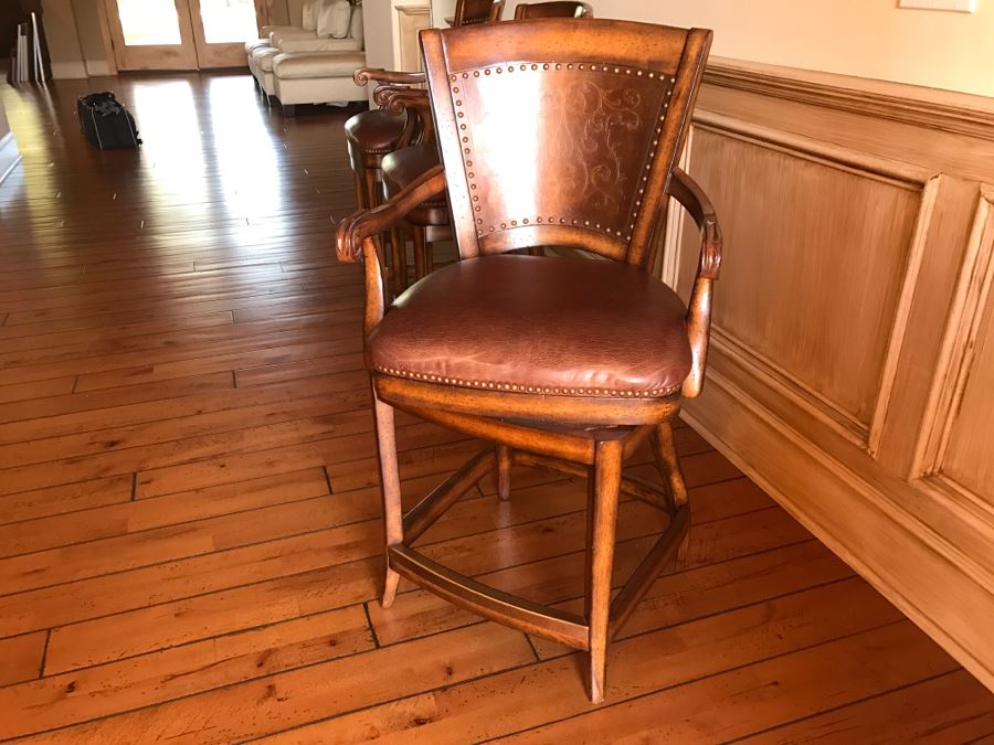Set Of 3 Wooden Swivel Barstools With Brass Nails And Ornamental Metal Work [Photo 12]