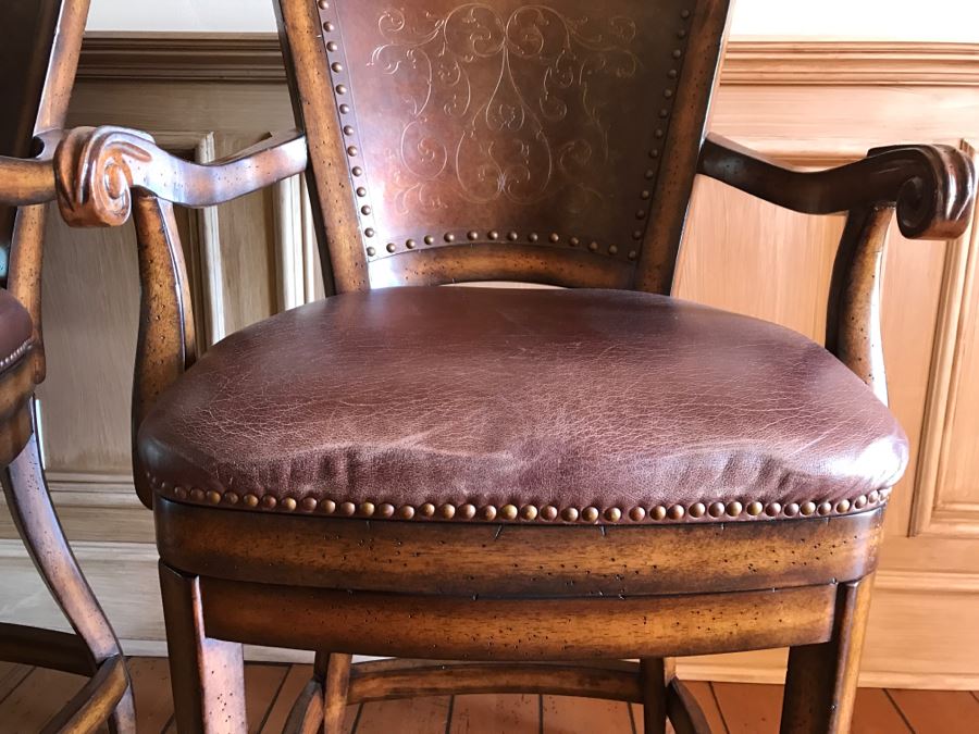 Set Of 3 Wooden Swivel Barstools With Brass Nails And Ornamental Metal Work [Photo 8]