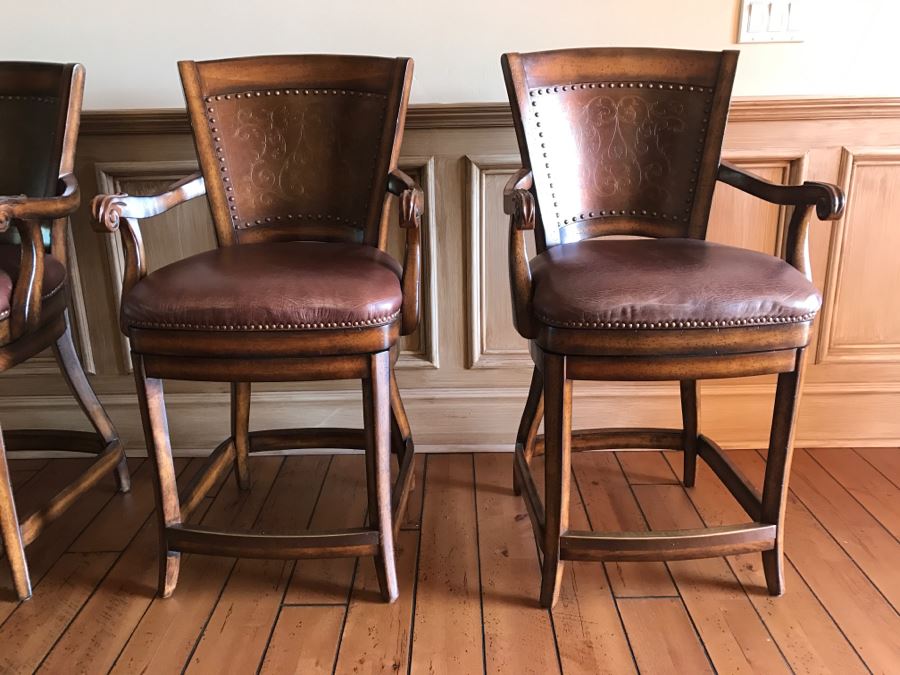 Set Of 3 Wooden Swivel Barstools With Brass Nails And Ornamental Metal Work [Photo 3]