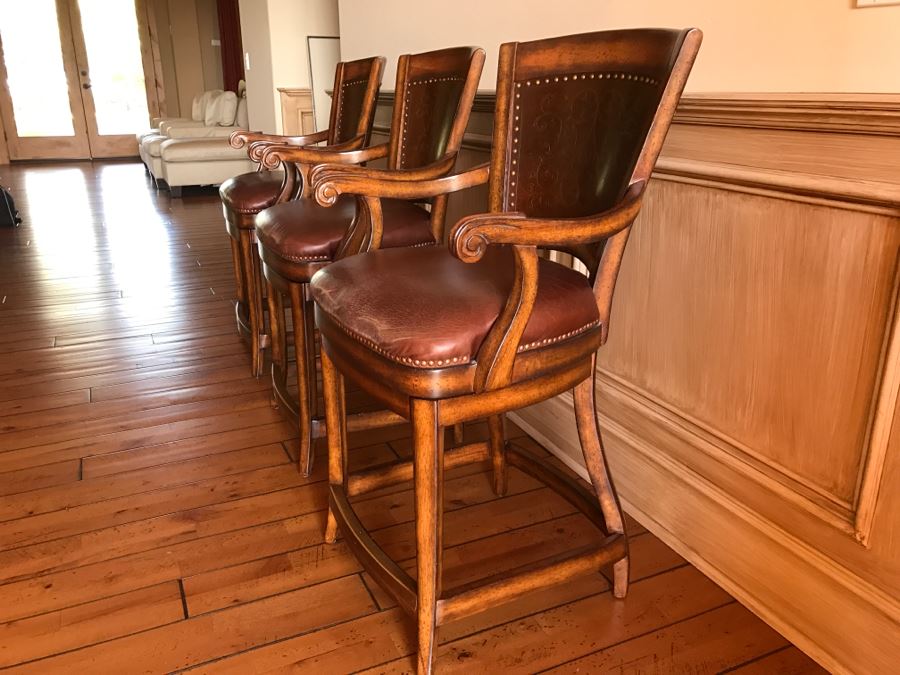 Set Of 3 Wooden Swivel Barstools With Brass Nails And Ornamental Metal Work [Photo 10]