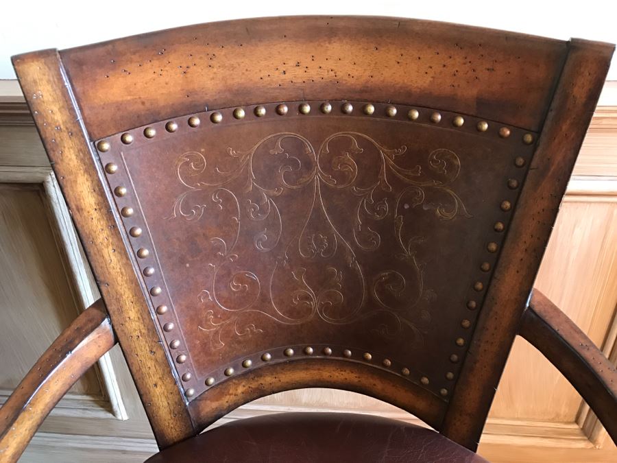 Set Of 3 Wooden Swivel Barstools With Brass Nails And Ornamental Metal Work [Photo 5]