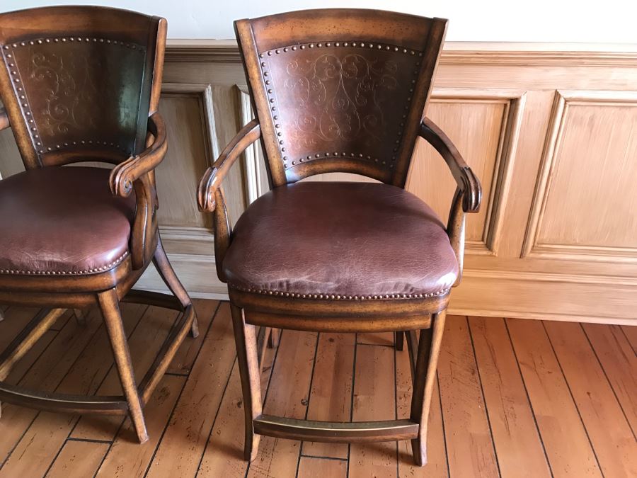 Set Of 3 Wooden Swivel Barstools With Brass Nails And Ornamental Metal Work [Photo 4]