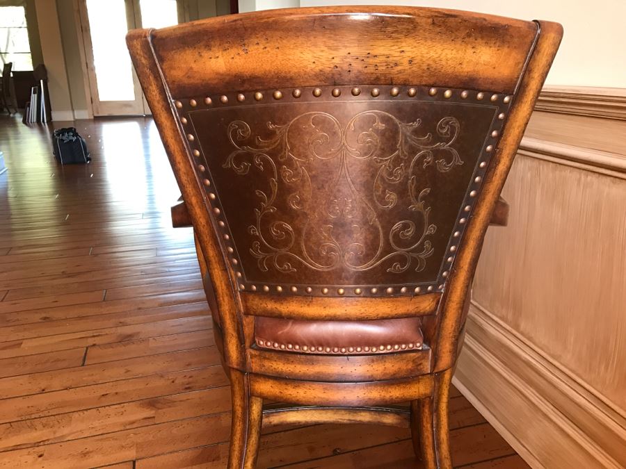 Set Of 3 Wooden Swivel Barstools With Brass Nails And Ornamental Metal Work [Photo 14]