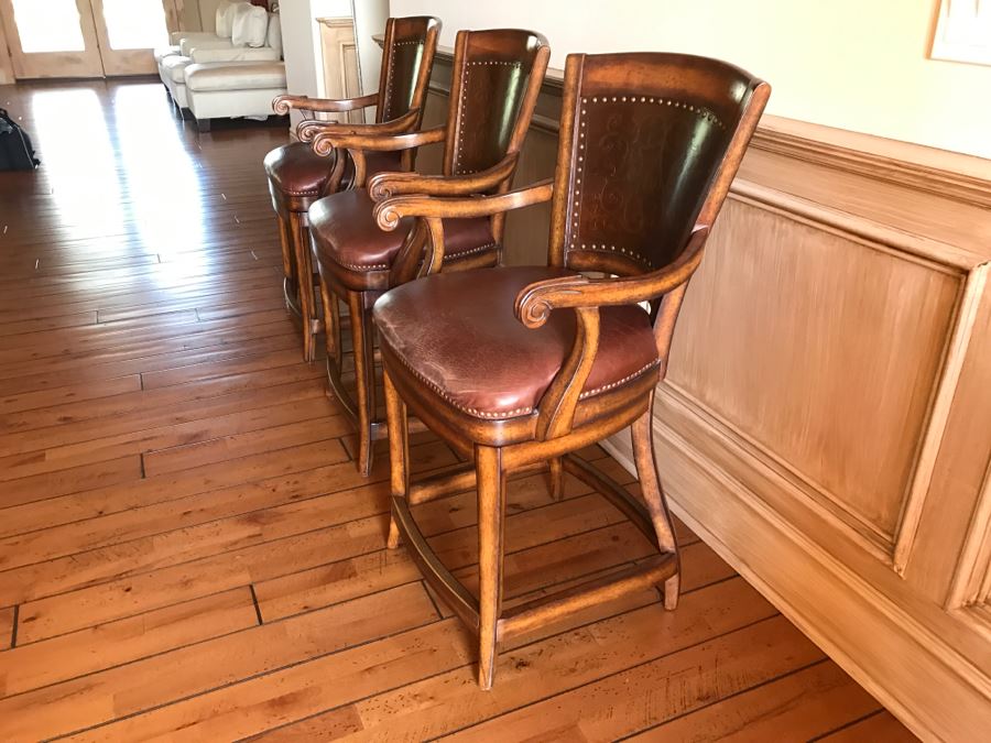 Set Of 3 Wooden Swivel Barstools With Brass Nails And Ornamental Metal Work [Photo 9]