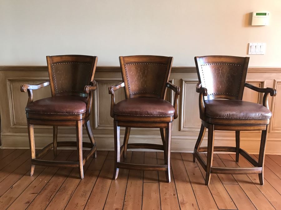 Set Of 3 Wooden Swivel Barstools With Brass Nails And Ornamental Metal Work [Photo 2]