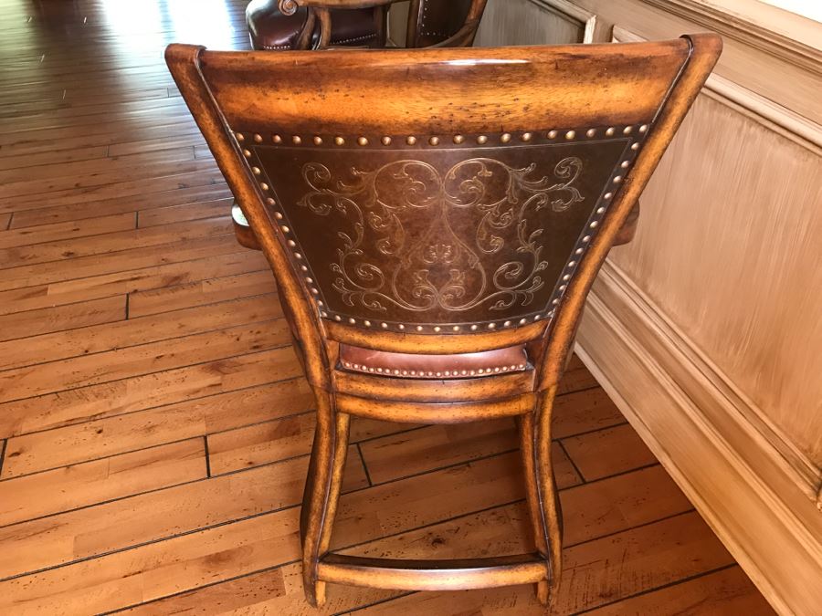 Set Of 3 Wooden Swivel Barstools With Brass Nails And Ornamental Metal Work [Photo 15]