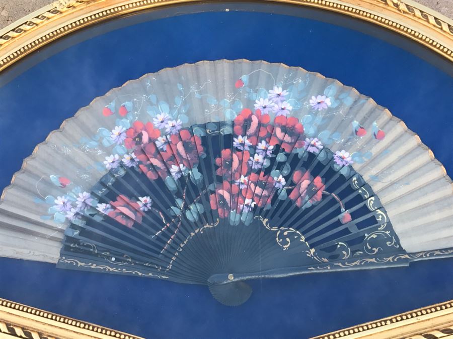 Hand Painted Asian Fan In Stunning Gilt Shadow Box Frame [Photo 3]
