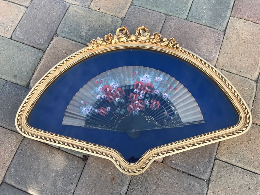 Hand Painted Asian Fan In Stunning Gilt Shadow Box Frame