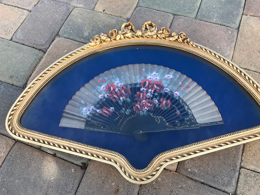 Hand Painted Asian Fan In Stunning Gilt Shadow Box Frame [Photo 2]