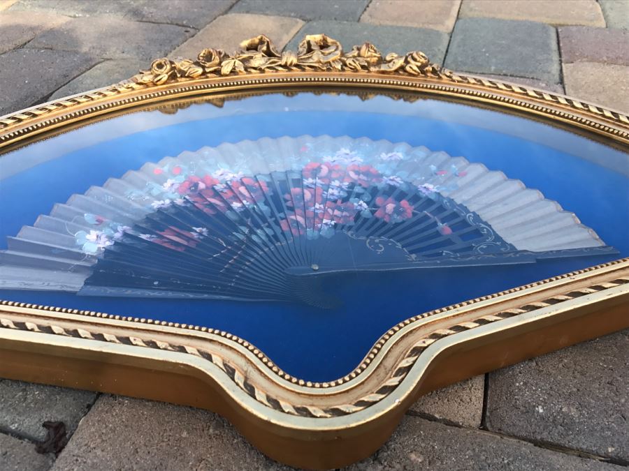 Hand Painted Asian Fan In Stunning Gilt Shadow Box Frame [Photo 10]