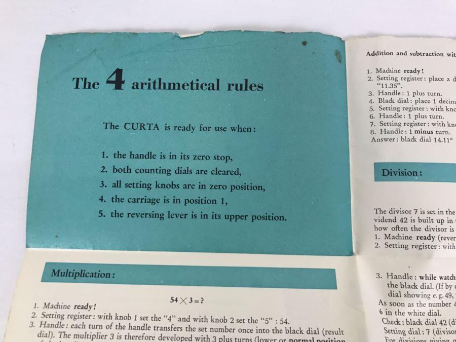 RARE CURTA Type I Mechanical Calculator With Metal Case And Manuals By Contina Ltd Mauren System Curt Herzstark Made In Liechtenstein Custom Union With Switzerland No. 40868 Very Good Condition Estimate $1,600 [Photo 27]