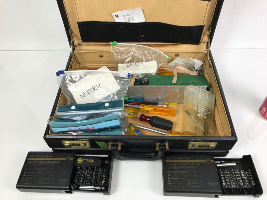 Briefcase Filled With Various Socket Sets Both Metric And U.S. Includes 2 Sets Of WIHA 39-Piece Security Bits-Collector Germany (Each Retails For $90) Shown In Front Of Briefcase - Kenneth S. Deffeyes Tools [Photo 1]
