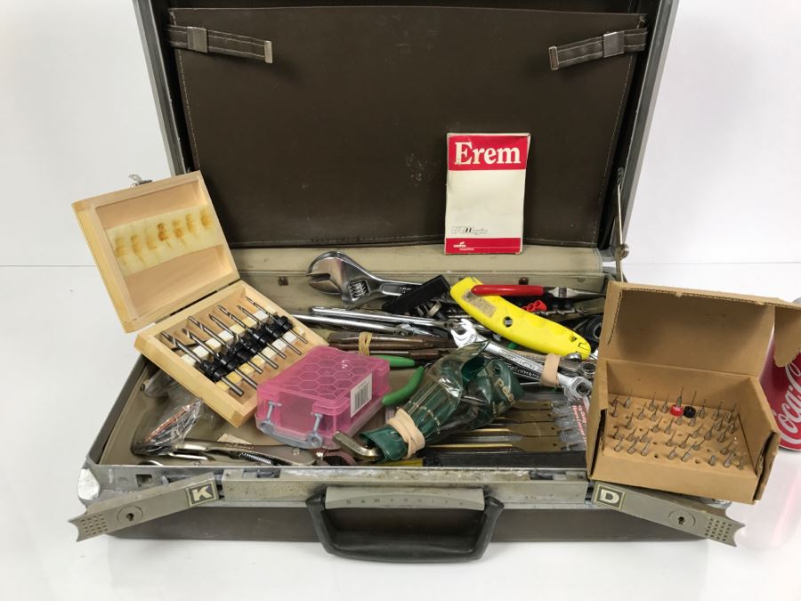 Briefcase Filled With Various Tools Including Small Drill Bits, Wrenches, Erem Swiss Made Cutters - See All Photos - Kenneth S. Deffeyes Tools [Photo 1]
