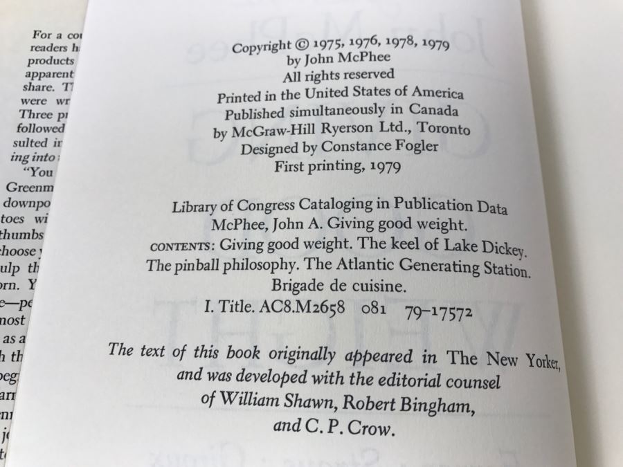 Hardcover Book 'Giving Good Weight' By John McPhee Personalized And Handsigned By John McPhee See Details [Photo 8]
