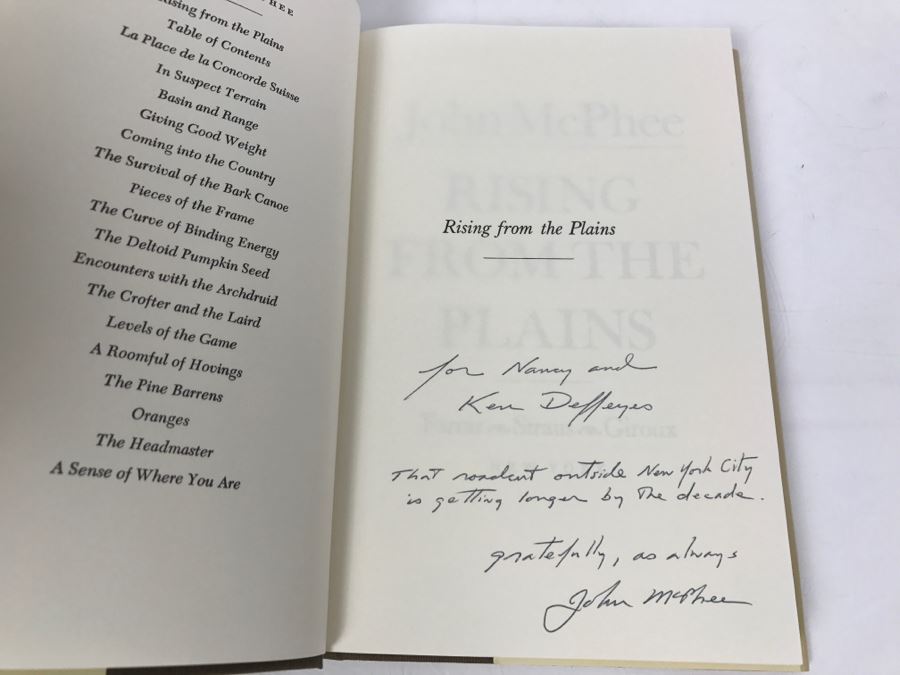 Hardcover Book 'Rising From The Plains' By John McPhee Handsigned And Personalized By John McPhee First Edition 1986 See Details