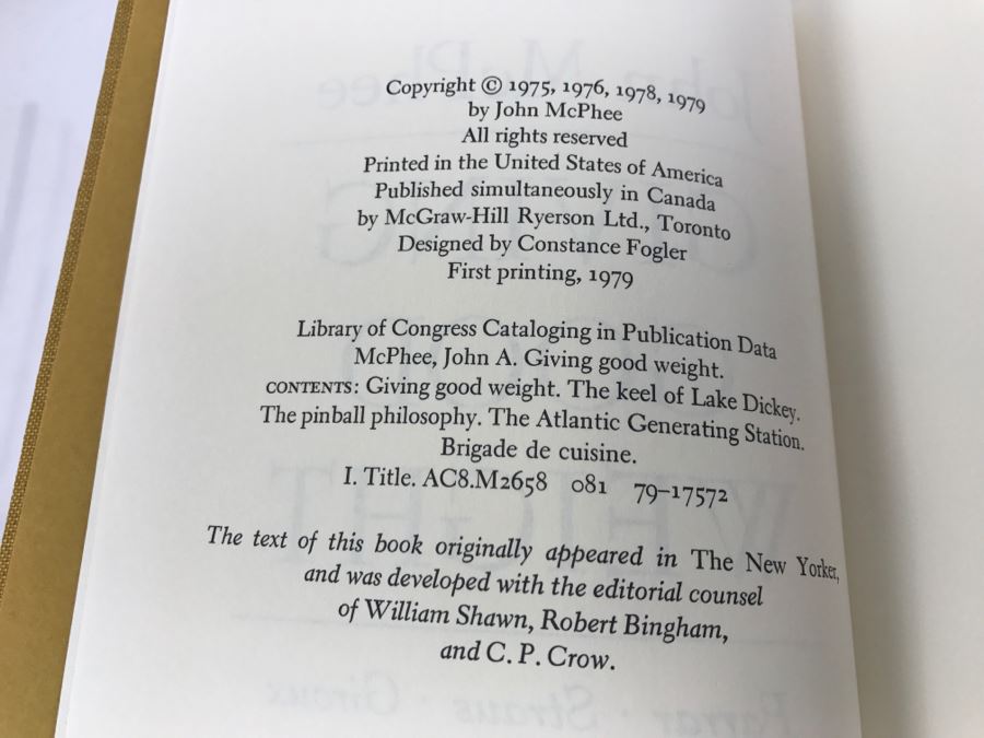 Hardcover Book 'Giving Good Weight' By John McPhee First Printing 1979 Handsigned By John McPhee [Photo 7]