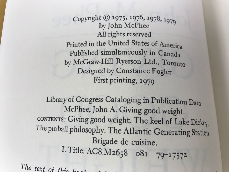 Hardcover Book 'Giving Good Weight' By John McPhee First Printing 1979 Handsigned By John McPhee [Photo 8]