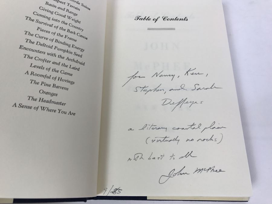 Hardcover Book 'Table Of Contents' By John McPhee First Printing 1985 Handsigned And Personalized By John McPhee See Details [Photo 1]