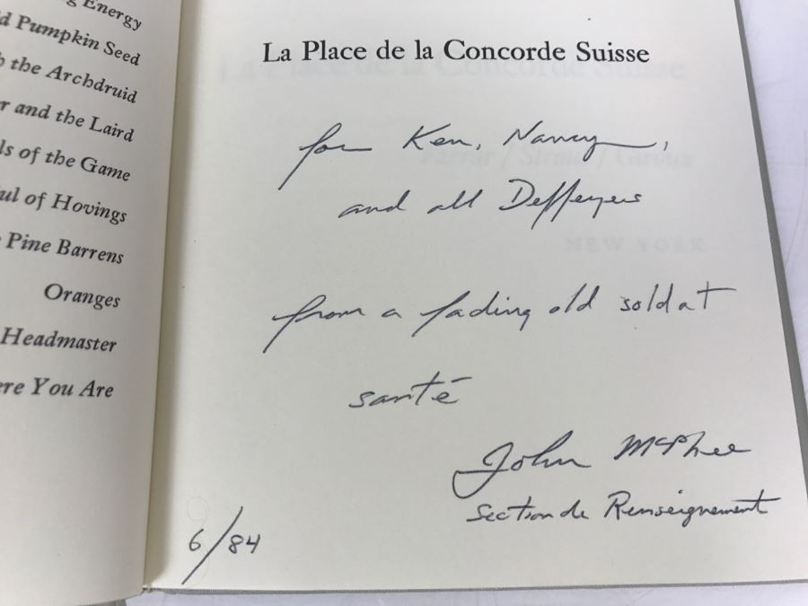 Hardcover Book 'La Place De La Concorde Suisse' By John McPhee First Printing 1984 Personalized And Handsigned By John McPhee See Details [Photo 6]