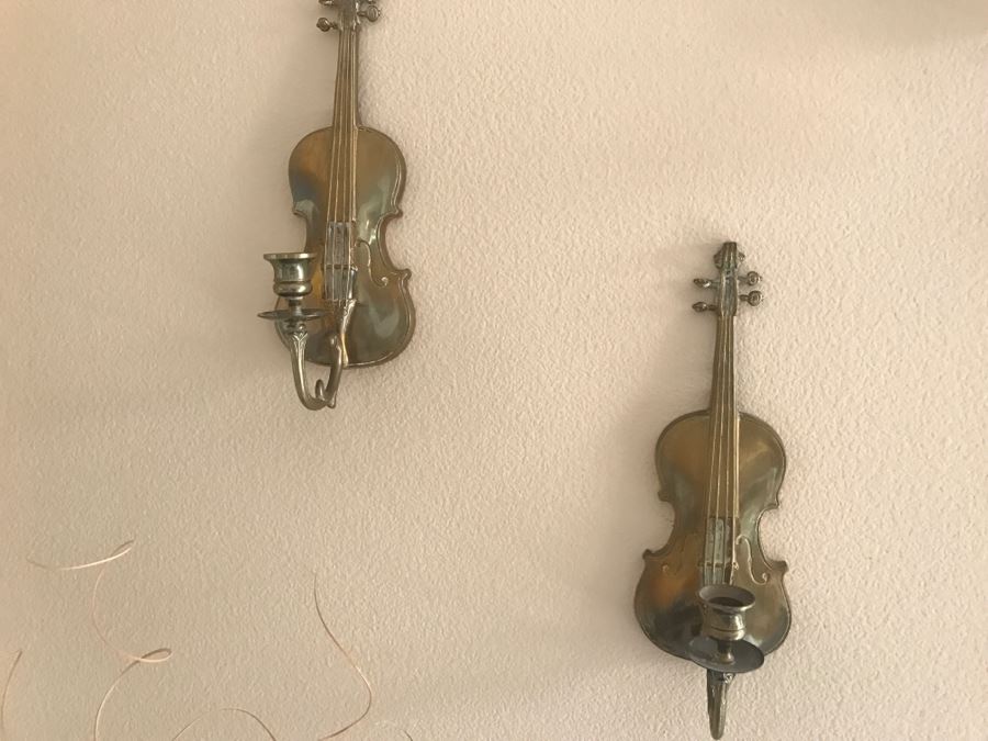 JUST ADDED - Pair Of Brass Violin Shaped Candleholders [Photo 5]