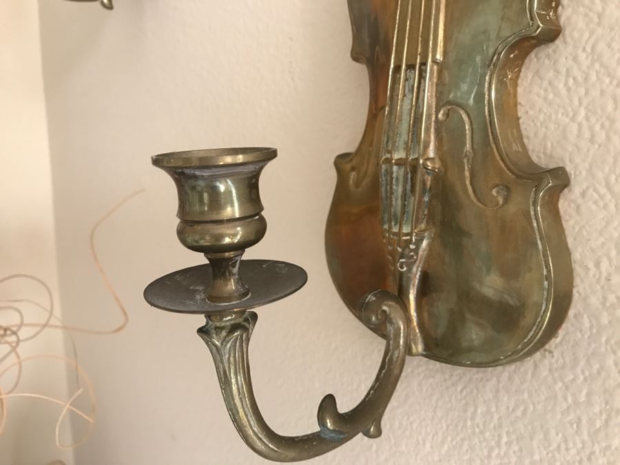 JUST ADDED - Pair Of Brass Violin Shaped Candleholders [Photo 2]