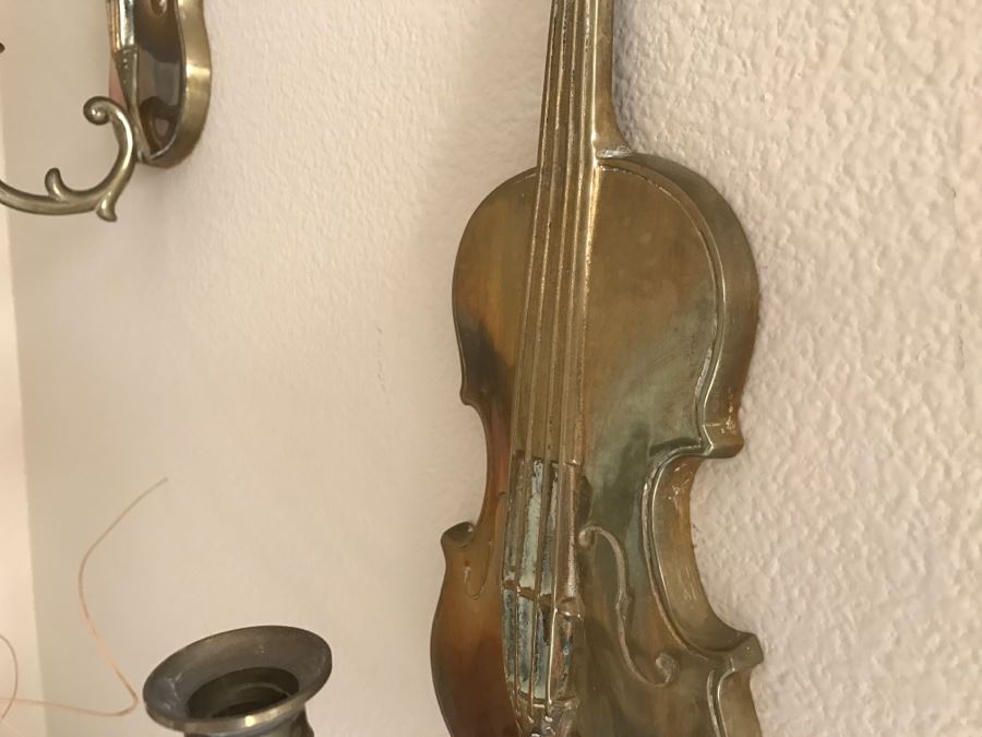JUST ADDED - Pair Of Brass Violin Shaped Candleholders [Photo 3]