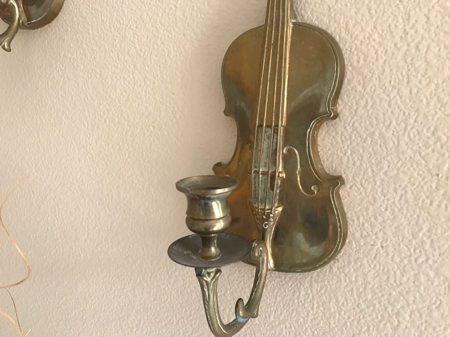 JUST ADDED - Pair Of Brass Violin Shaped Candleholders [Photo 6]