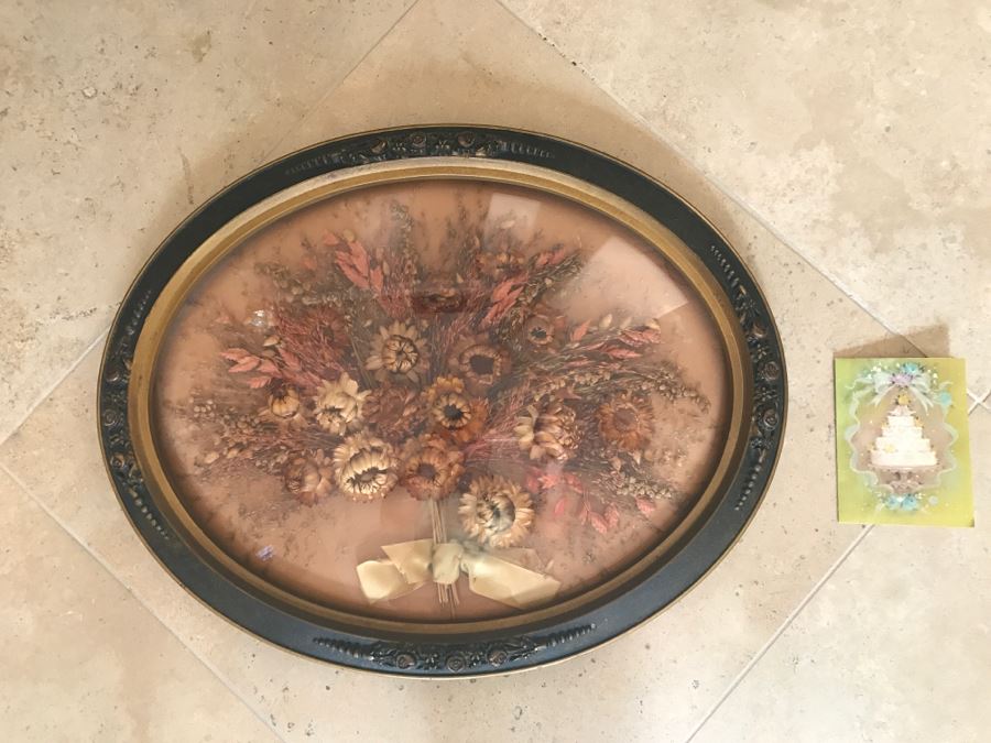 JUST ADDED - Vintage Dried Flower Arrangement In Vintage Domed Glass Frame [Photo 2]