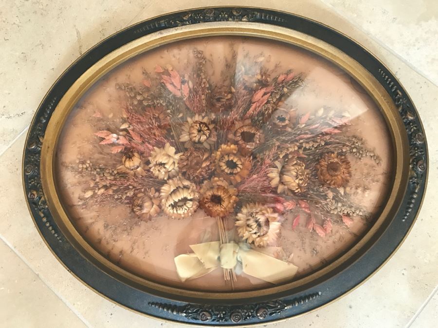 JUST ADDED - Vintage Dried Flower Arrangement In Vintage Domed Glass Frame [Photo 1]