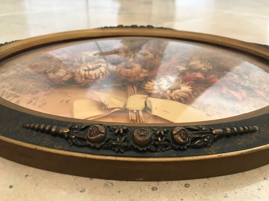 JUST ADDED - Vintage Dried Flower Arrangement In Vintage Domed Glass Frame [Photo 3]