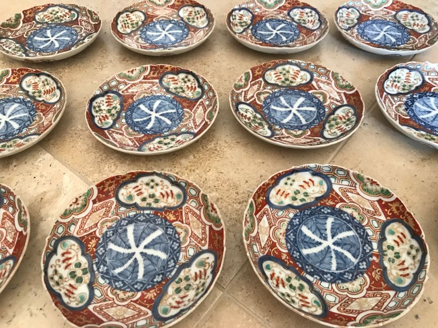 JUST ADDED - Set Of 12 Handpainted Japanese Imari Porcelain Dishes Individually Signed