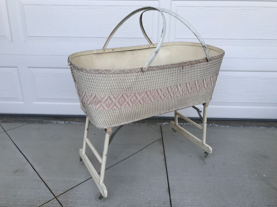 JUST ADDED - Vintage Redmon Wicker Baby Bed Bassinet Cradle With Mattress