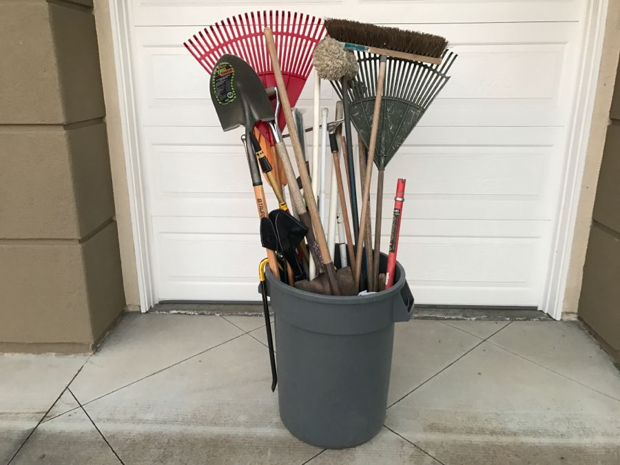 JUST ADDED - Garbage Can Filled With Garden Tools