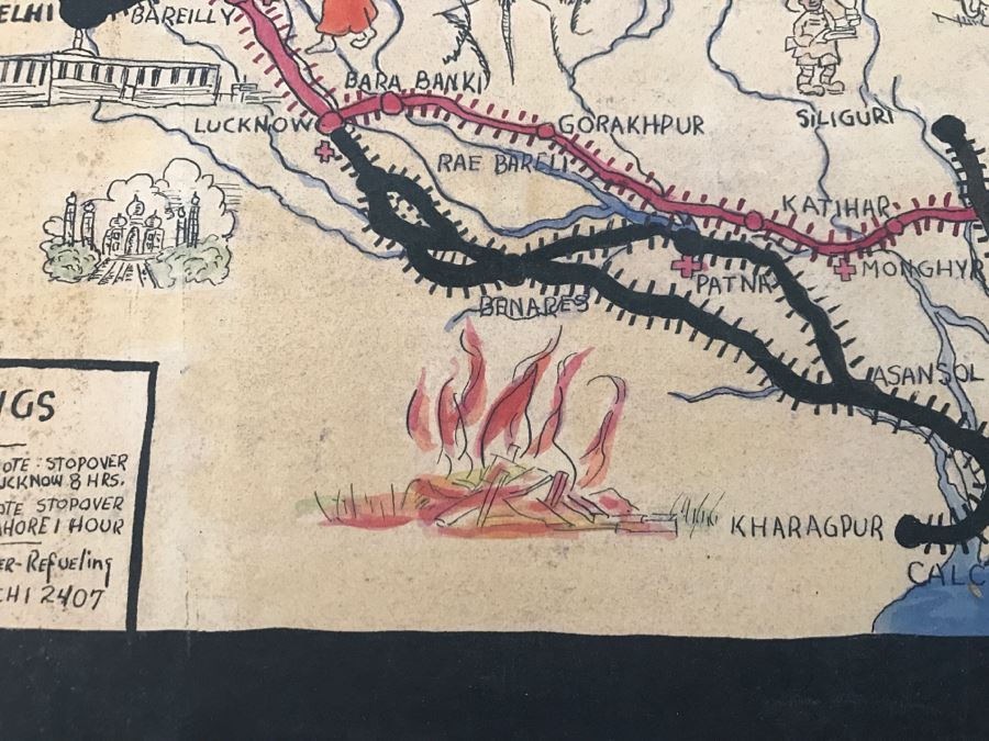 JUST ADDED - Appears To Be A Hand Drawn Map Titled 'G. I. Vagabond Journey Across India' - See Details For More Info - 18.5' X 9.5' [Photo 25]