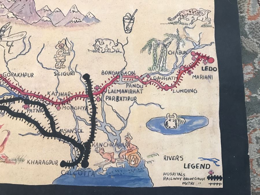 JUST ADDED - Appears To Be A Hand Drawn Map Titled 'G. I. Vagabond Journey Across India' - See Details For More Info - 18.5' X 9.5' [Photo 8]