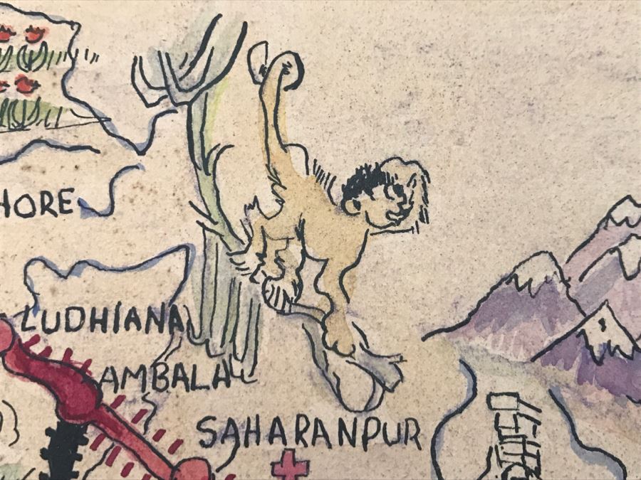 JUST ADDED - Appears To Be A Hand Drawn Map Titled 'G. I. Vagabond Journey Across India' - See Details For More Info - 18.5' X 9.5' [Photo 31]
