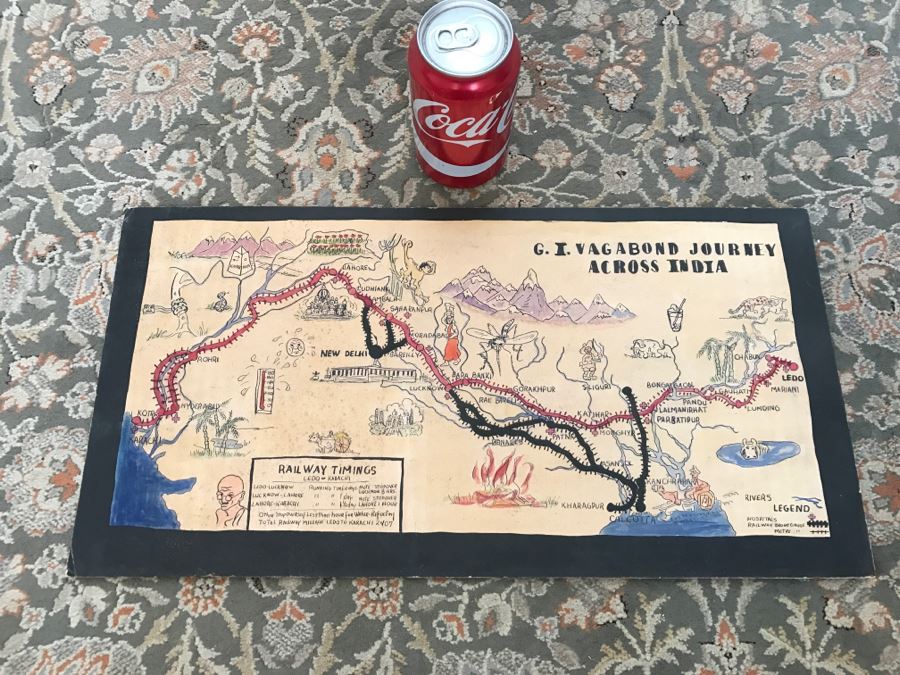 JUST ADDED - Appears To Be A Hand Drawn Map Titled 'G. I. Vagabond Journey Across India' - See Details For More Info - 18.5' X 9.5' [Photo 3]