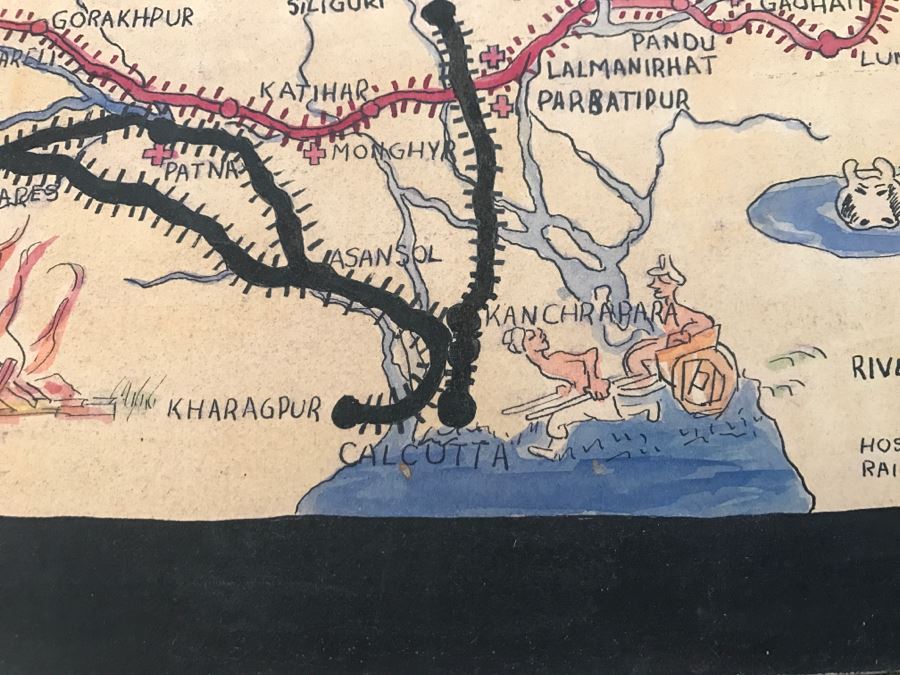 JUST ADDED - Appears To Be A Hand Drawn Map Titled 'G. I. Vagabond Journey Across India' - See Details For More Info - 18.5' X 9.5' [Photo 16]