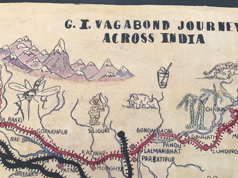 JUST ADDED - Appears To Be A Hand Drawn Map Titled 'G. I. Vagabond Journey Across India' - See Details For More Info - 18.5' X 9.5' [Photo 12]