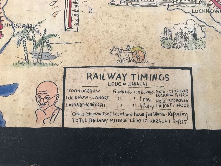 JUST ADDED - Appears To Be A Hand Drawn Map Titled 'G. I. Vagabond Journey Across India' - See Details For More Info - 18.5' X 9.5' [Photo 26]