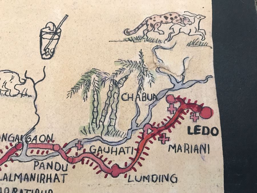 JUST ADDED - Appears To Be A Hand Drawn Map Titled 'G. I. Vagabond Journey Across India' - See Details For More Info - 18.5' X 9.5' [Photo 10]