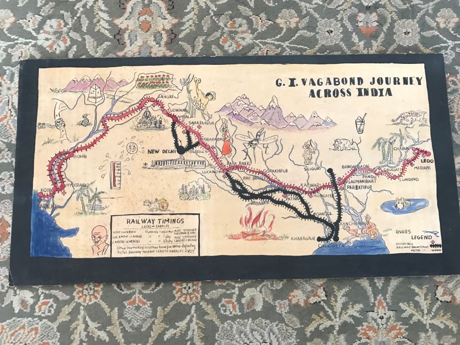 JUST ADDED - Appears To Be A Hand Drawn Map Titled 'G. I. Vagabond Journey Across India' - See Details For More Info - 18.5' X 9.5' [Photo 5]
