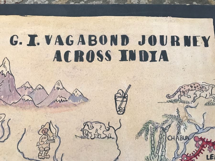 JUST ADDED - Appears To Be A Hand Drawn Map Titled 'G. I. Vagabond Journey Across India' - See Details For More Info - 18.5' X 9.5' [Photo 7]