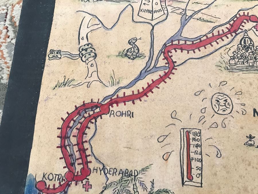 JUST ADDED - Appears To Be A Hand Drawn Map Titled 'G. I. Vagabond Journey Across India' - See Details For More Info - 18.5' X 9.5' [Photo 22]