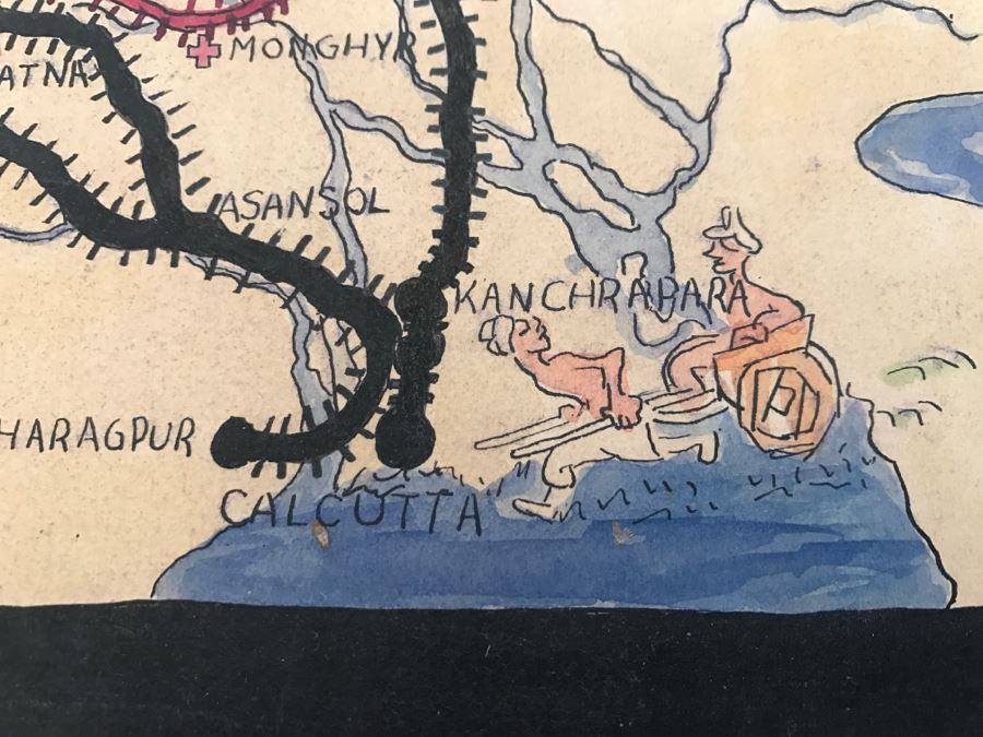 JUST ADDED - Appears To Be A Hand Drawn Map Titled 'G. I. Vagabond Journey Across India' - See Details For More Info - 18.5' X 9.5' [Photo 15]