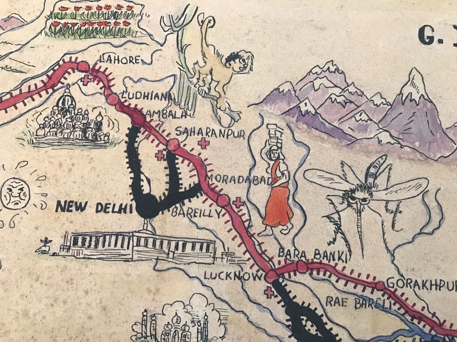 JUST ADDED - Appears To Be A Hand Drawn Map Titled 'G. I. Vagabond Journey Across India' - See Details For More Info - 18.5' X 9.5' [Photo 18]