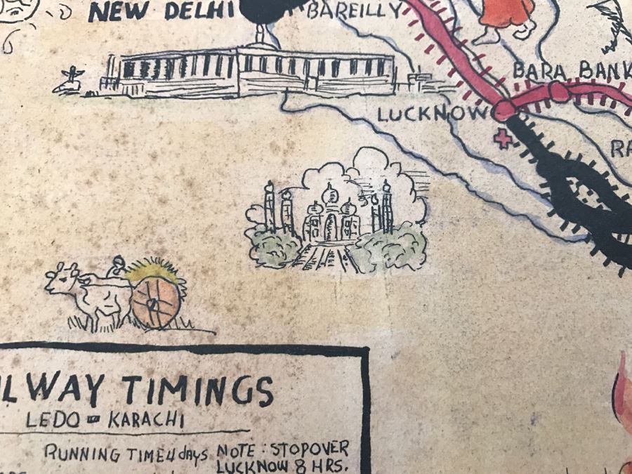 JUST ADDED - Appears To Be A Hand Drawn Map Titled 'G. I. Vagabond Journey Across India' - See Details For More Info - 18.5' X 9.5' [Photo 27]