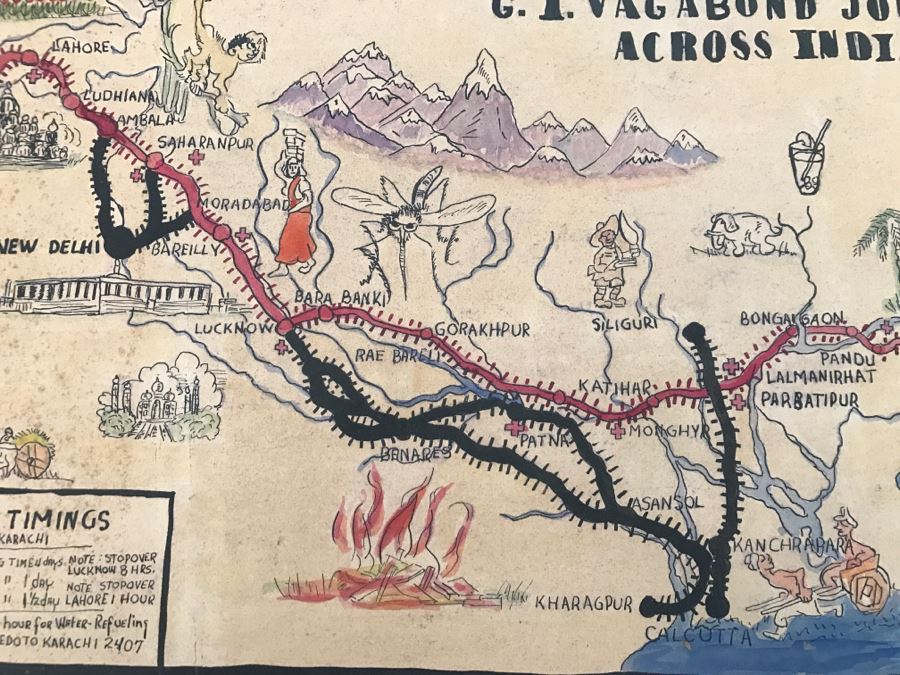 JUST ADDED - Appears To Be A Hand Drawn Map Titled 'G. I. Vagabond Journey Across India' - See Details For More Info - 18.5' X 9.5' [Photo 17]