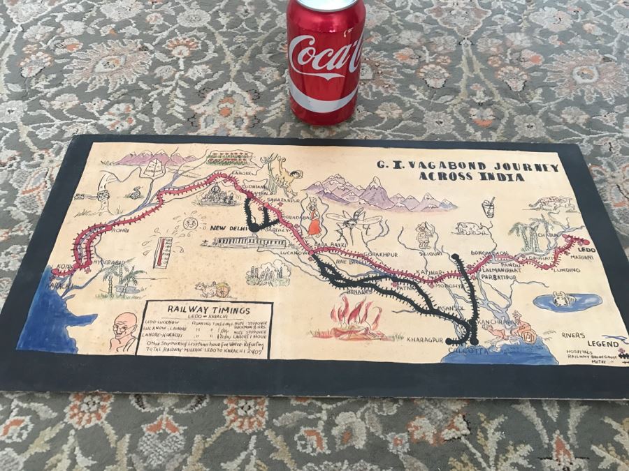 JUST ADDED - Appears To Be A Hand Drawn Map Titled 'G. I. Vagabond Journey Across India' - See Details For More Info - 18.5' X 9.5' [Photo 4]